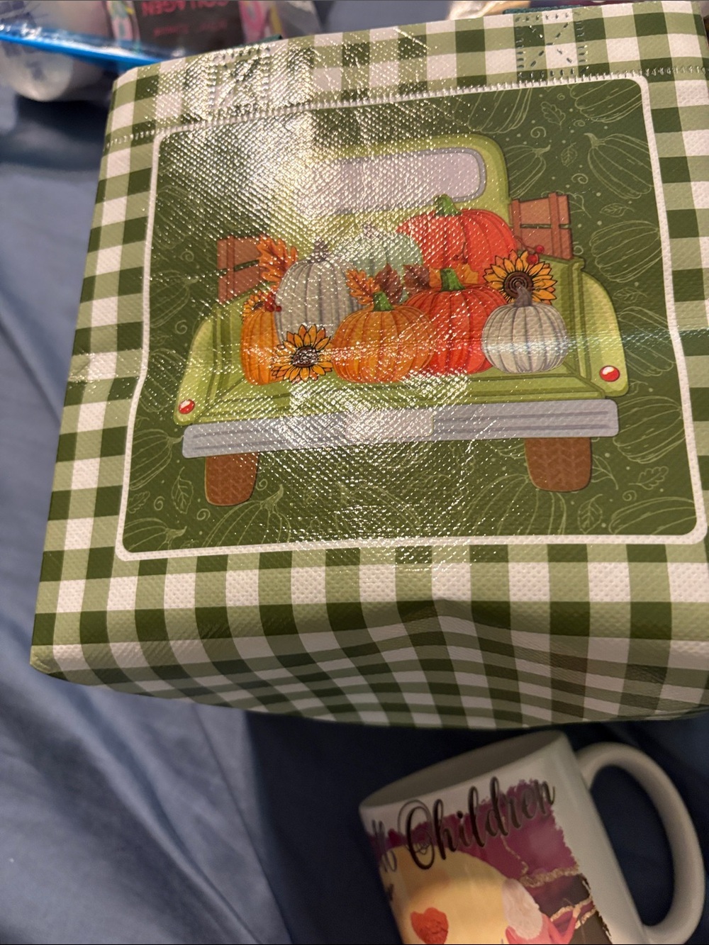 Green Plaid Reusable Gift Tote with Halloween items!! Coffee cup, candle, etc - Picture 2 of 16